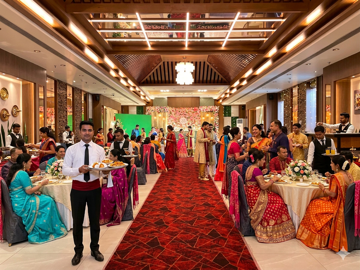 Jasmin Hall rooftop venue at Hotel Pushpak Kalpana Square — grand wedding stage and open-air reception space