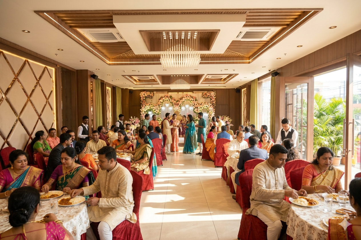 Lilly Hall at Hotel Pushpak Kalpana Square — air-conditioned hall with rooftop garden view for events
